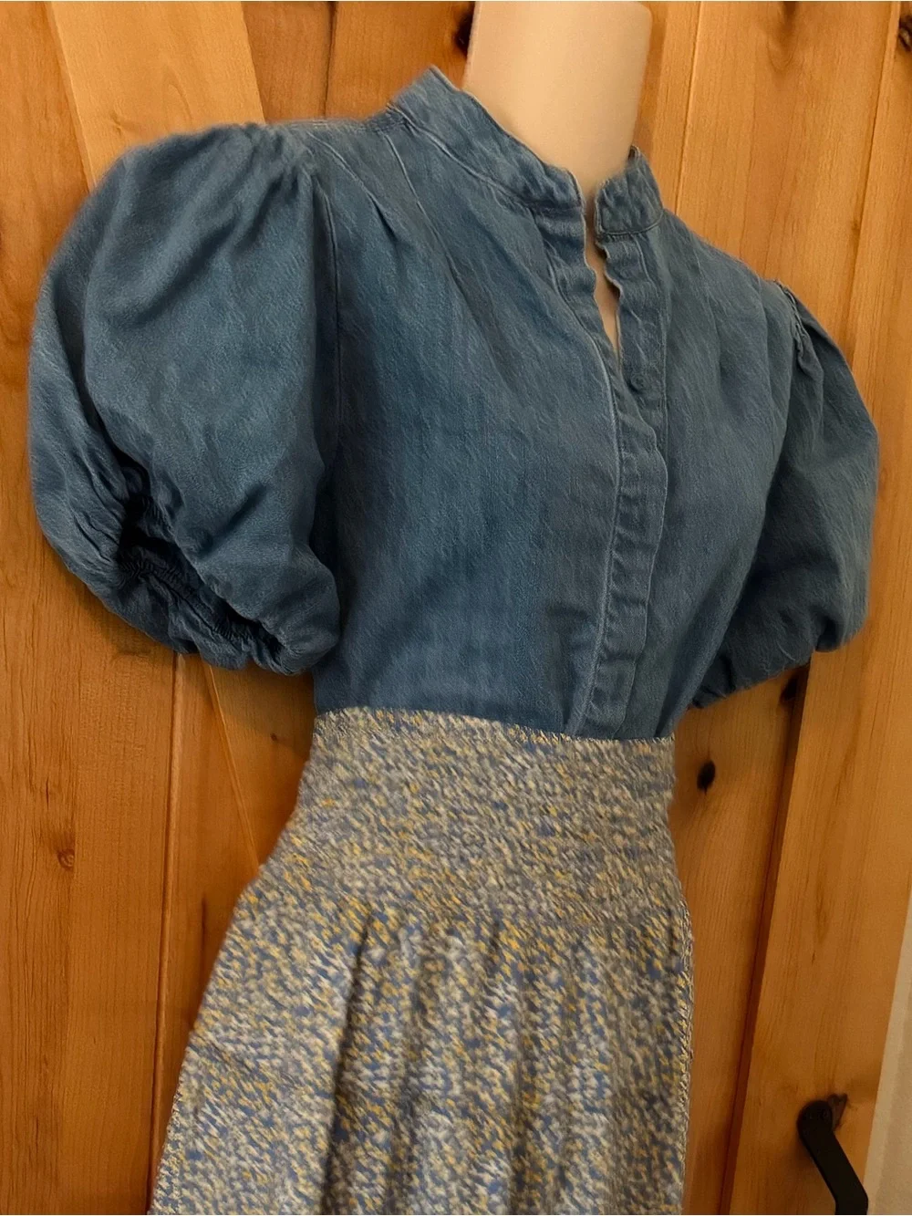 Denim Chambray Puff Sleeve Button Up Prairie Blouse Cottagecore Top - Picture 5 of 12